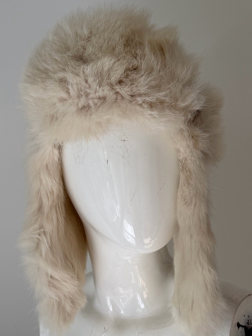 Vintage Real Fur Trim Suede Trapper Hat Beige Cream Winter Aviator